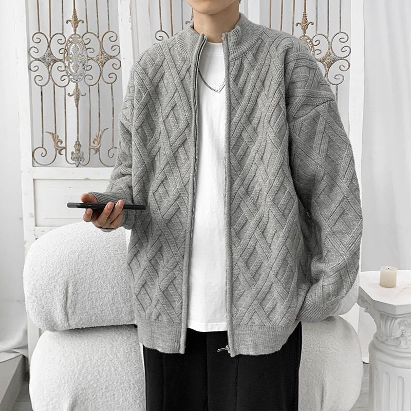 Men's Winter Cardigan with Cable Knit, High Collar, and Long Sleeves