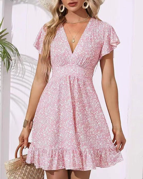 Women’s Floral Summer Mini Dress with V-Neck and Ruffle Sleeves