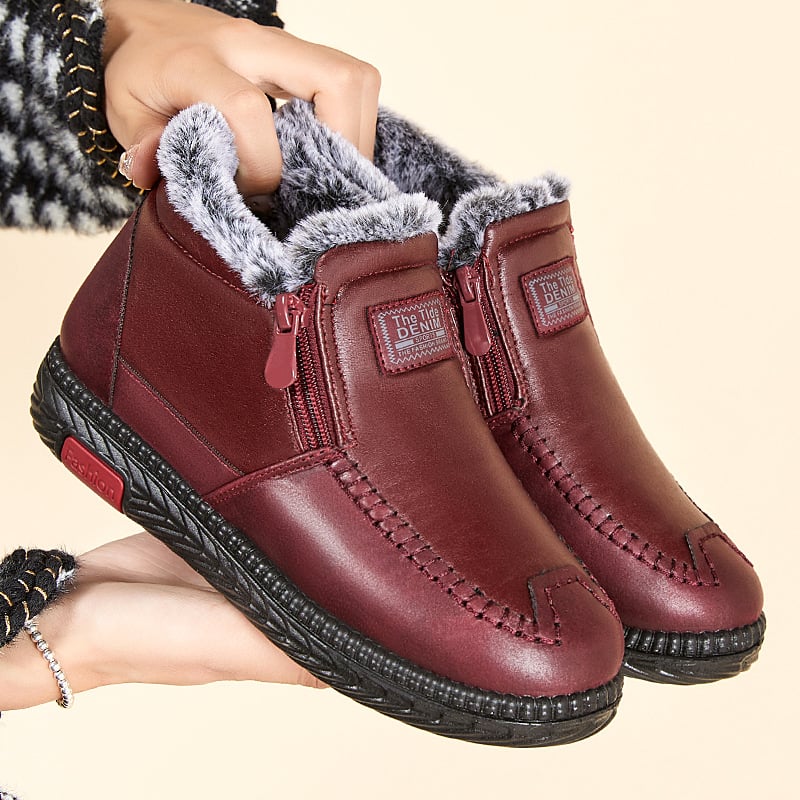 Botines de invierno para mujer hasta el tobillo con forro de peluche y cremallera lateral – Suela plana de PU