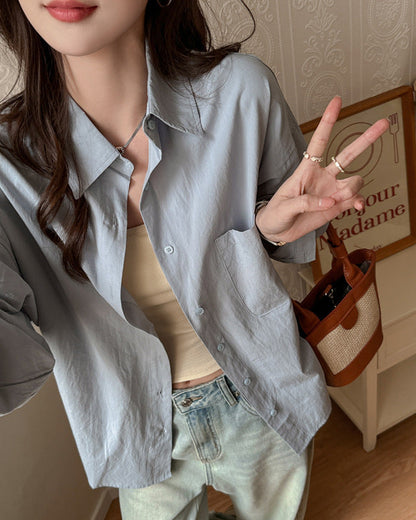 Women's Long Sleeve Solid Color Shirt with Loose Fit and Plus Sizes