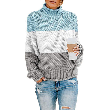 Maglione Pullover Donna a Collo Alto con Maniche Lunghe e Motivo a Blocchi di Colore