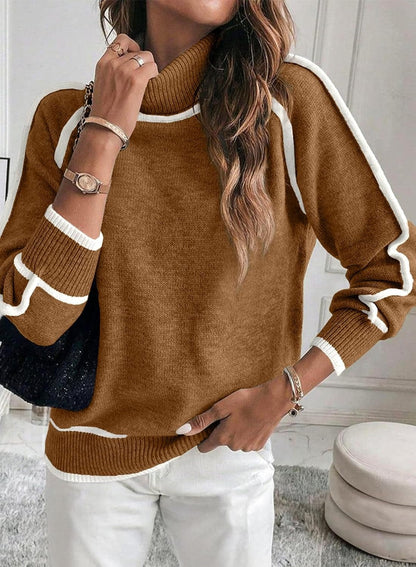 Women's Solid Color Turtleneck Pullover Sweater with Long Sleeves