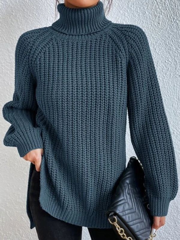 Maglione Donna con Collo Alto, Maniche Raglan e Spacco Laterale – Stile Versatile