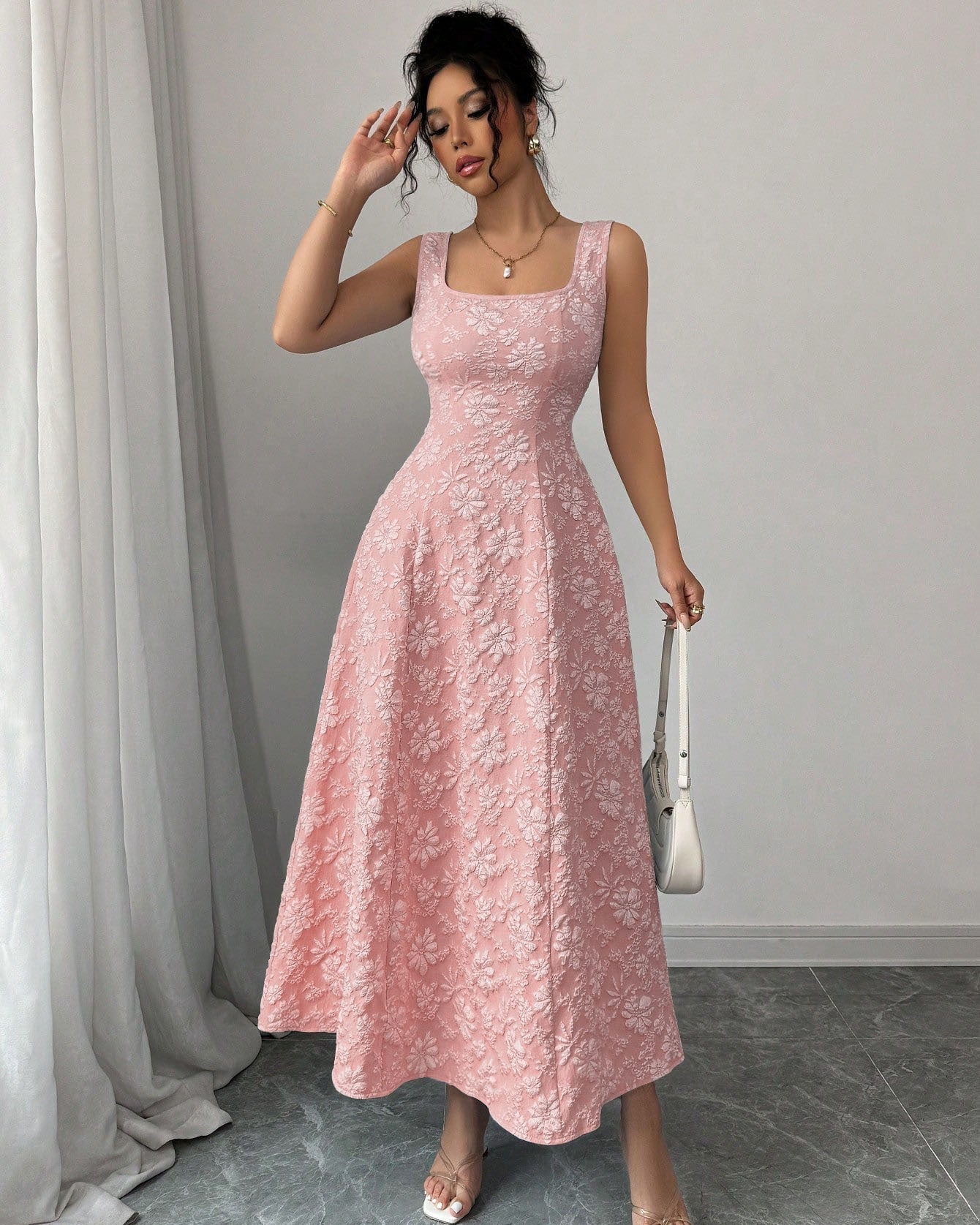 Abito Maxi Donna Senza Maniche con Vita Alta e Trama Jacquard – Abito Elegante A-Linea