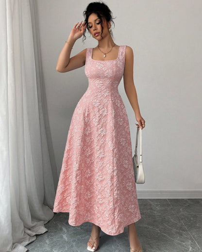Abito Maxi Donna Senza Maniche con Vita Alta e Trama Jacquard – Abito Elegante A-Linea