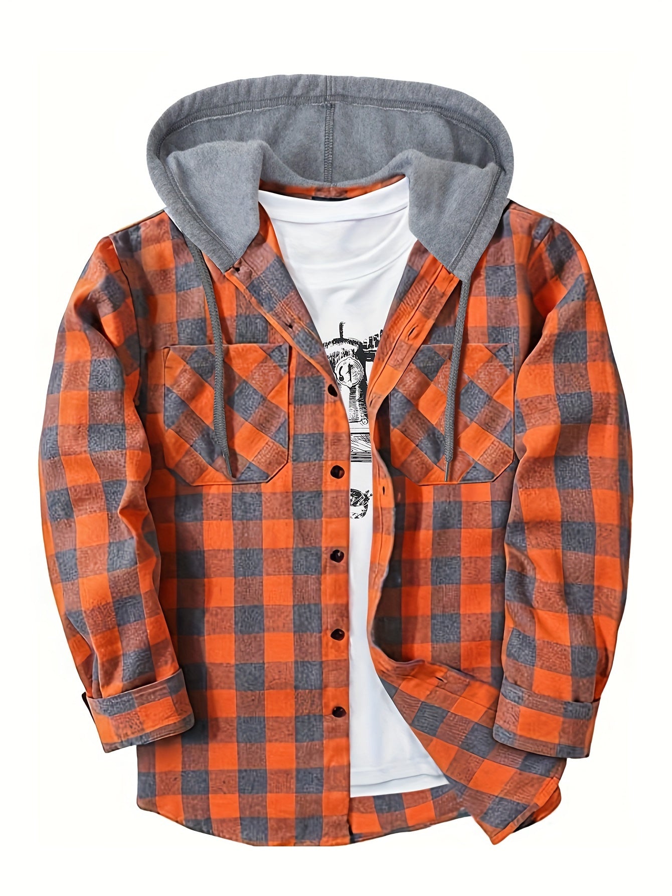 Men's Autumn Flannel Shirt-Jacket with Hood and Checkered Pattern