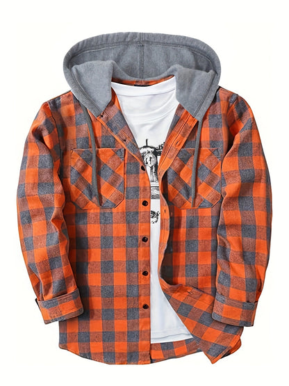 Men's Autumn Flannel Shirt-Jacket with Hood and Checkered Pattern