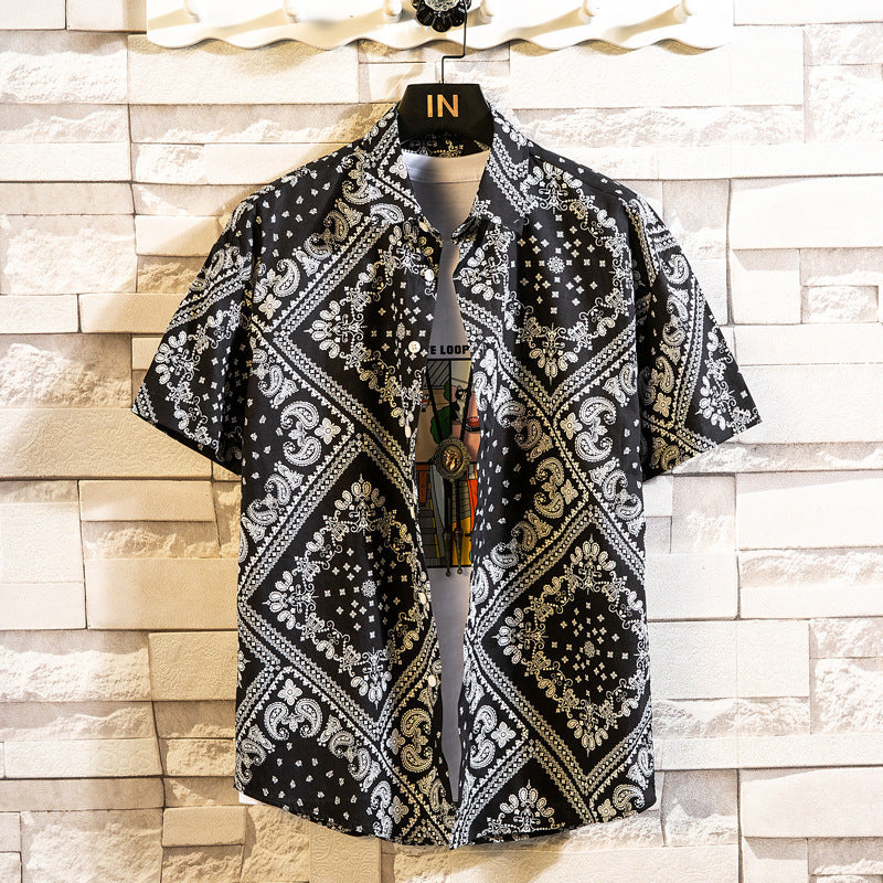 Camicia Estiva Uomo a Maniche Corte con Stampa Floreale e Colletto a Revers – Stile Casual Slim Fit