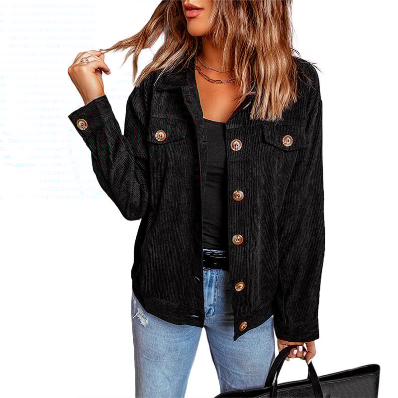 Women's Corduroy Shirt Jacket with Single-Breasted Button Closure and Long Sleeves