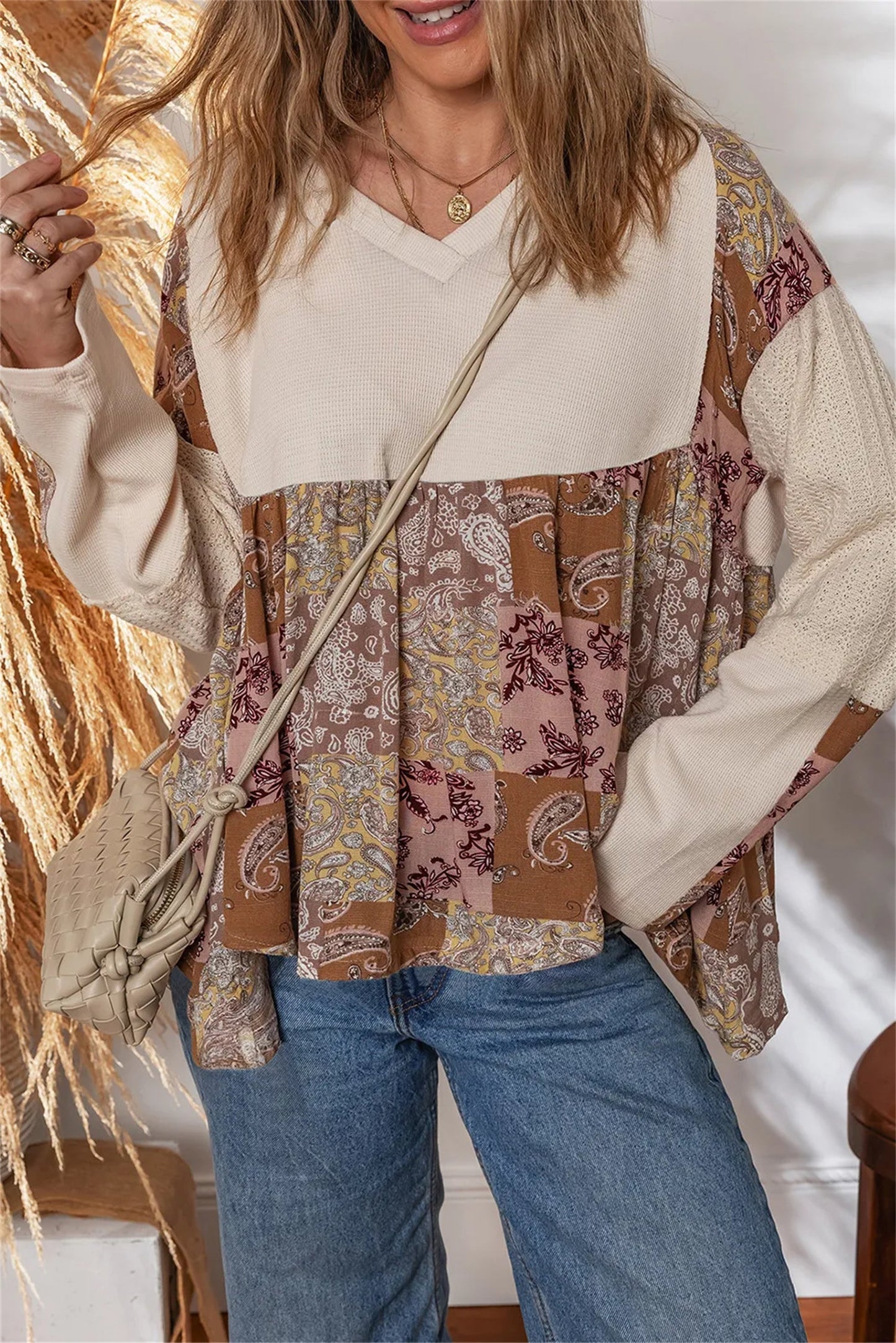 Women's Long Sleeve Top with Loose Fit and Beige Paisley Patchwork Print