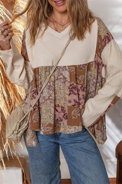 Women's Long Sleeve Top with Loose Fit and Beige Paisley Patchwork Print