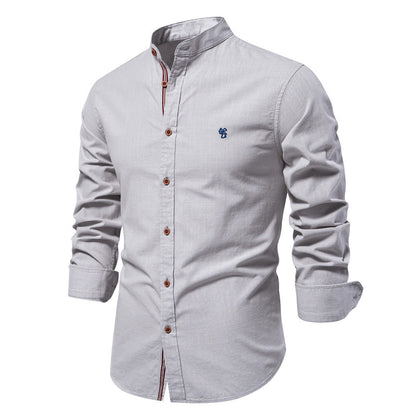Camisa de verano para hombre de mezcla de algodón y lino, con cuello mao y mangas largas.