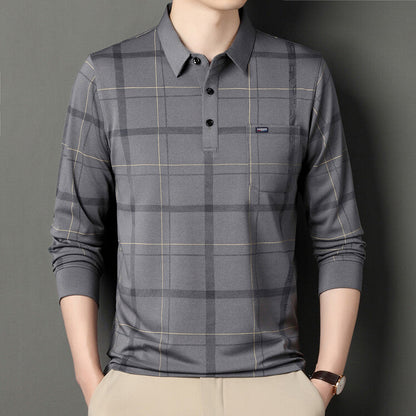 Men's Long Sleeve Slim Fit Polo Shirt with Striped Pattern