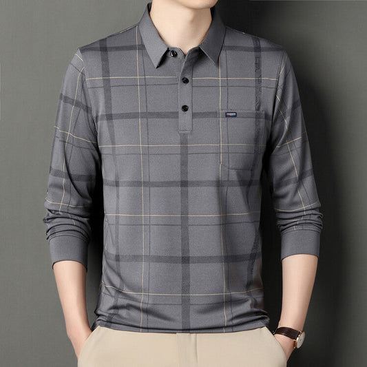 Men's Long Sleeve Slim Fit Polo Shirt with Striped Pattern