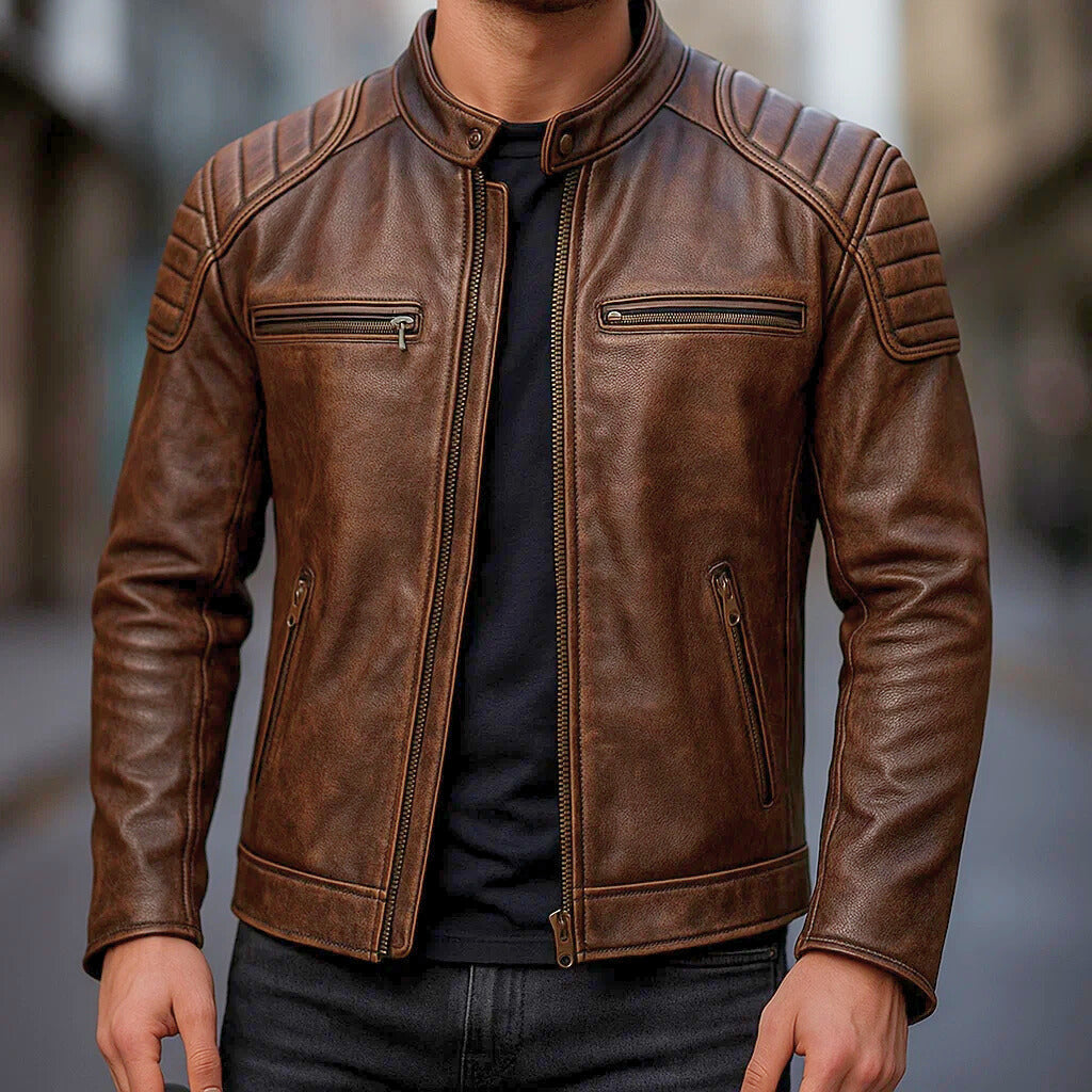Men's Faux Leather Jacket with Reinforced Shoulders and Motorcycle Zip Details