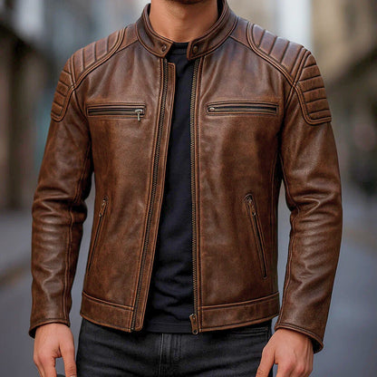 Men's Faux Leather Jacket with Reinforced Shoulders and Motorcycle Zip Details