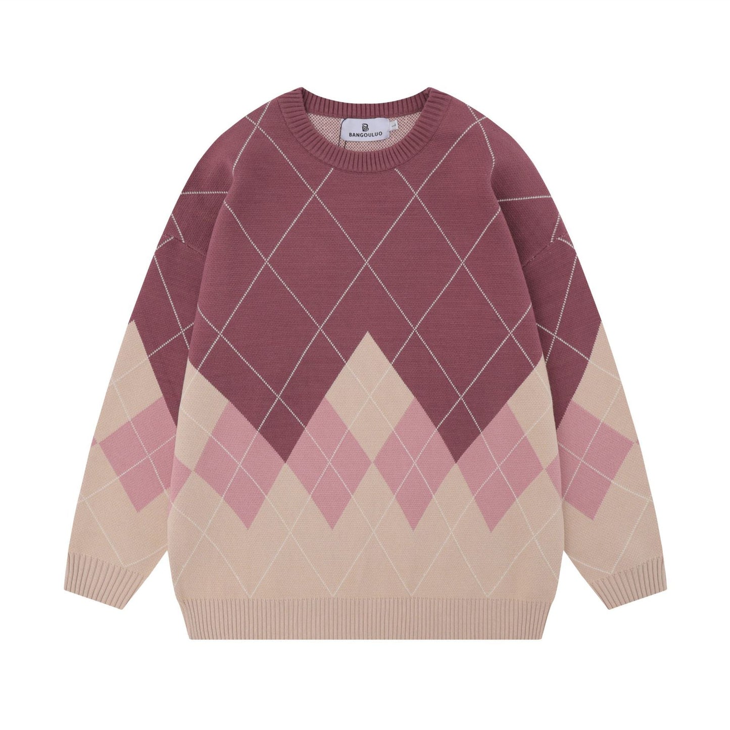 Women's Sweater Pullover with Diamond Pattern and Round Neck