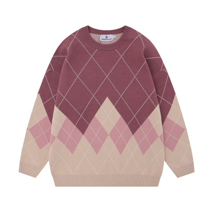 Women's Sweater Pullover with Diamond Pattern and Round Neck