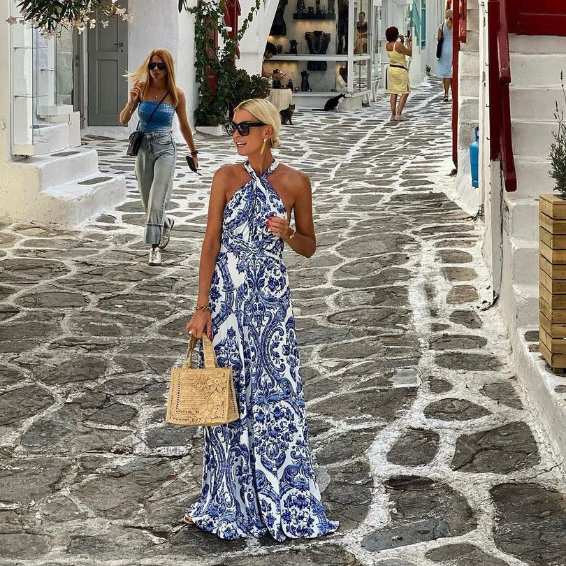 Abito Lungo Estivo Donna con Scollo Allacciato al Collo e Stampa Blu e Bianca – Abito A-Linea Elegante