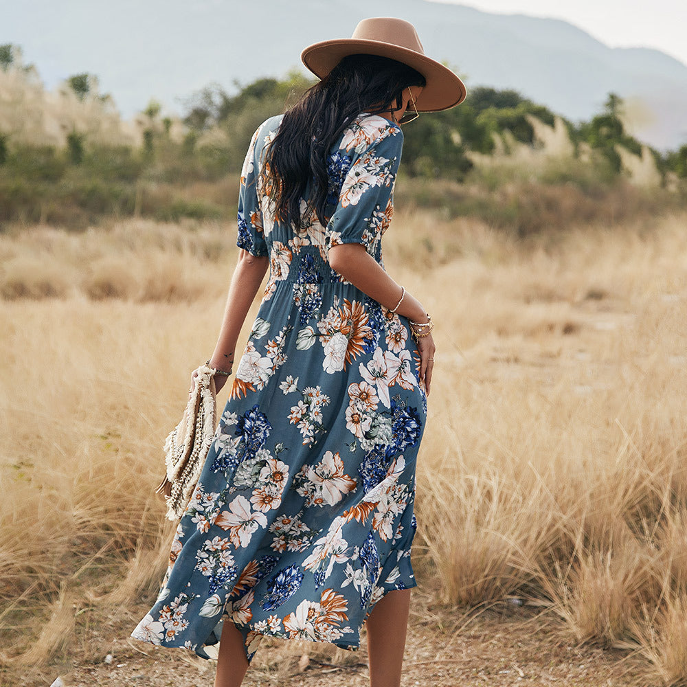 Women’s Summer Midi Dress with Floral Print and V-Neckline