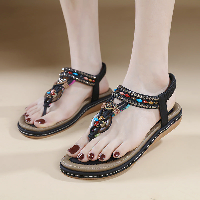 Infradito para mujer con strass, punta redonda y banda elástica – sandalias casuales