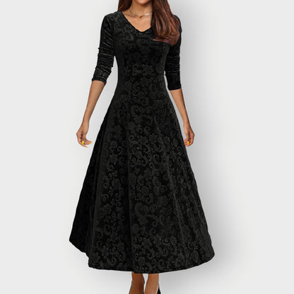 Women's Midi Jacquard Velvet Dress with V-Neck and Flared Skirt