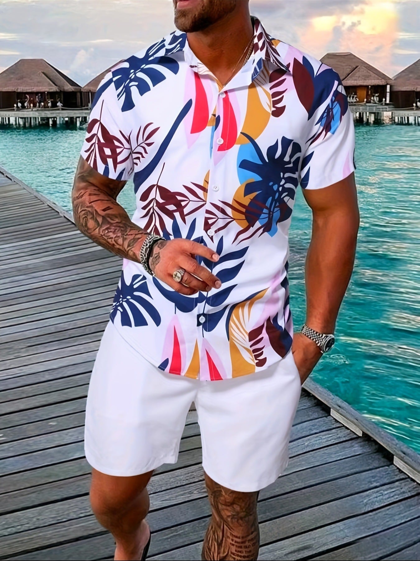 Men's Summer Set Short Sleeve Shirt and Cotton Blend Shorts – Casual Style