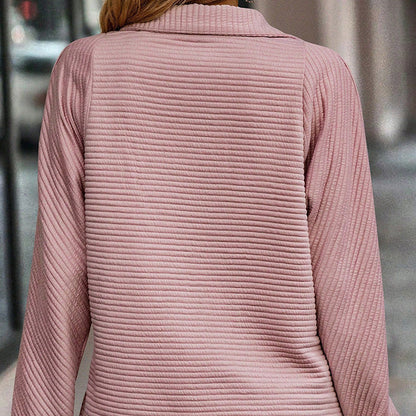 Women's Pullover Sweatshirt with High Neck Zip and Long Striped Sleeves
