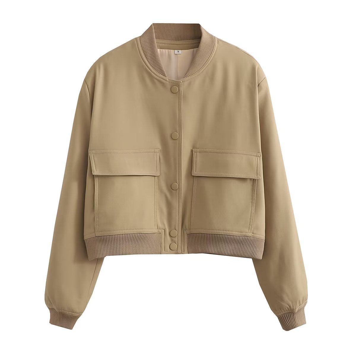 Chaqueta bomber de mujer para otoño con bolsillos delanteros y diseño liso
