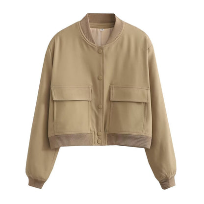 Chaqueta bomber de mujer para otoño con bolsillos delanteros y diseño liso