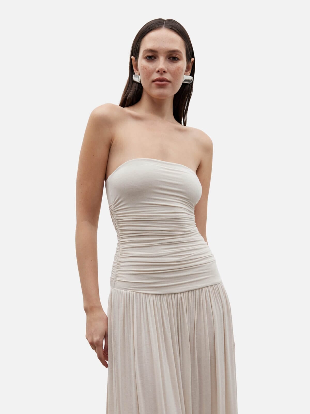 Women's Strapless Evening Dress with Draped Bodice, Floor-Length