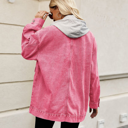 Women's Spring Denim Jacket with Detachable Hood and Loose Fit
