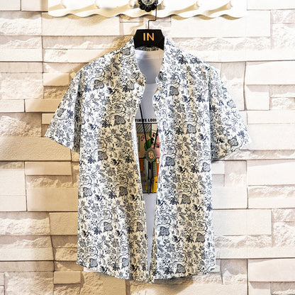 Camicia Estiva Uomo a Maniche Corte con Stampa Floreale e Colletto a Revers – Stile Casual Slim Fit