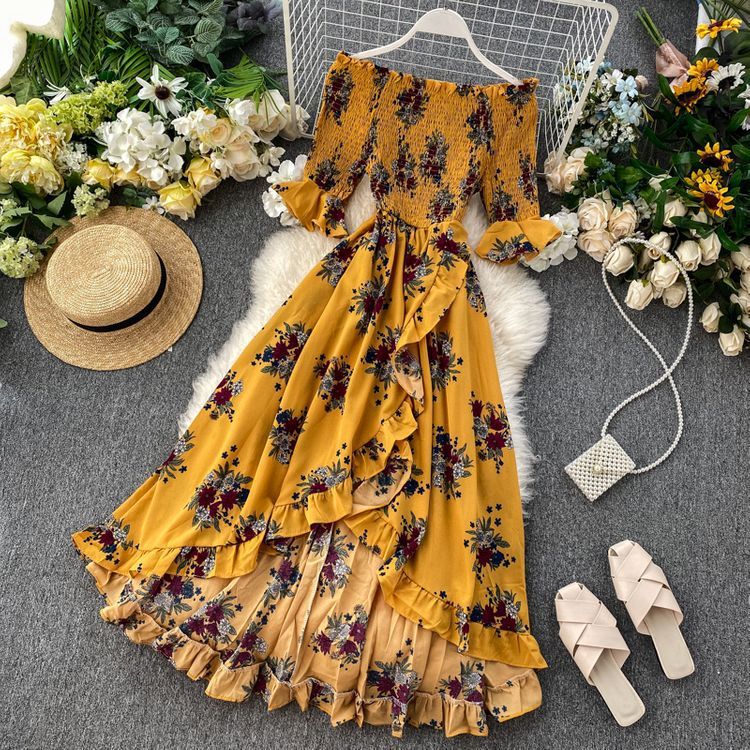 Abito Midi Donna con Spalle Scoperte, Maniche Corte e Volant – Stile Estivo