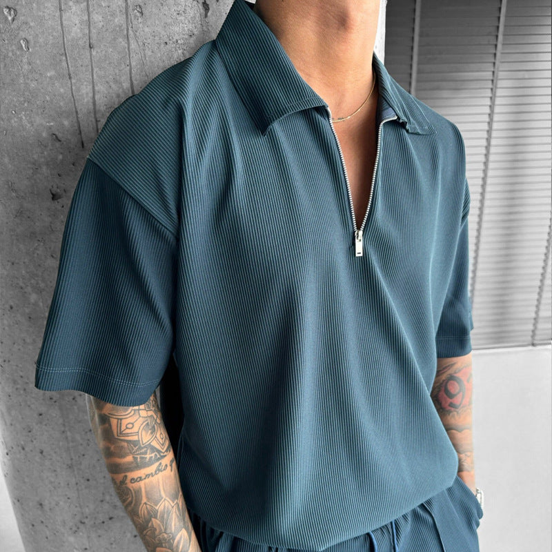 Men's Two-Piece Set with Zip Polo and Shorts – Casual Sporty Style
