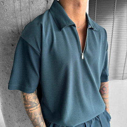 Men's Two-Piece Set with Zip Polo and Shorts – Casual Sporty Style