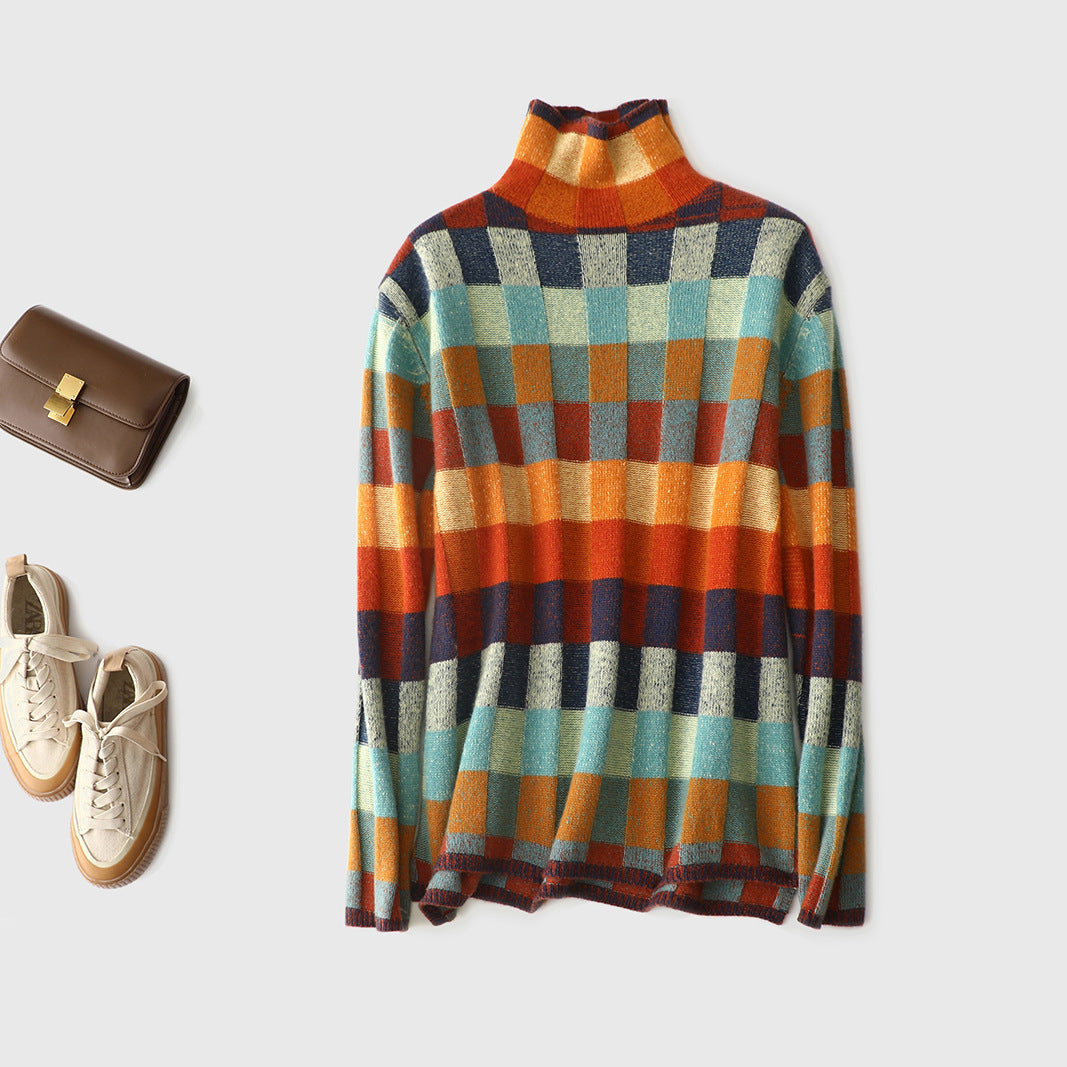 Women's Checkered Knit Sweater with Turtleneck and Long Sleeves