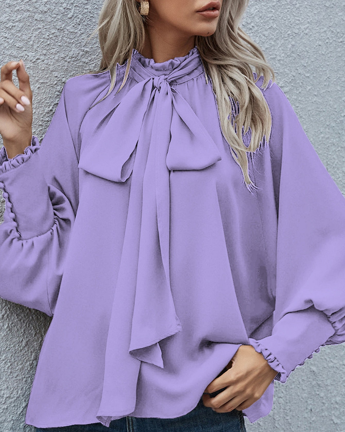 Women's Long-Sleeve Blouse with Tie and Puff Sleeves