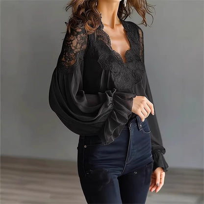 Women's Long Sleeve Shirt with Lace Insert and Ruffles on the Shoulders