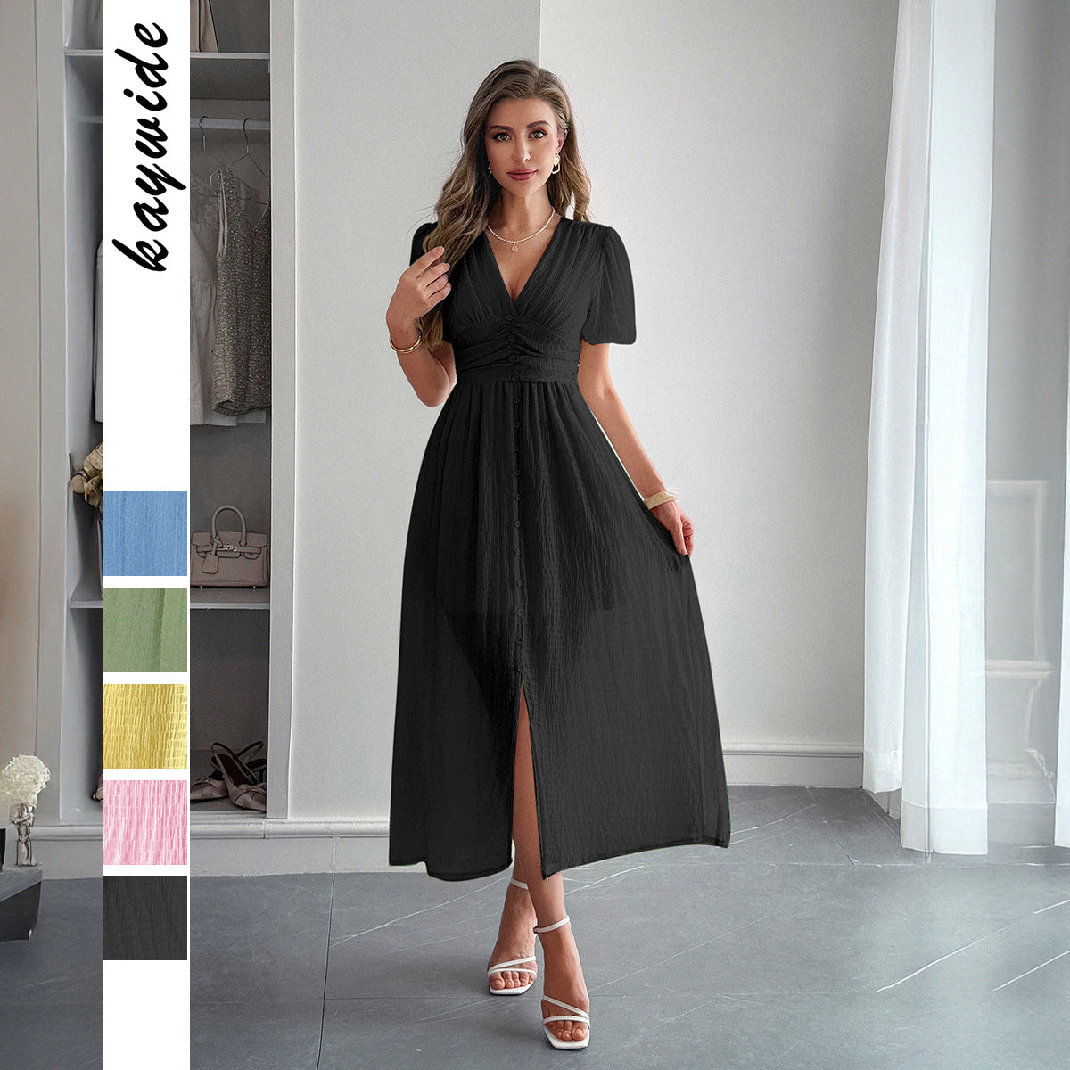 Women's Long Summer Dress with Deep V-Neck and Pleated Detail – Elegant Maxi Summer Dress