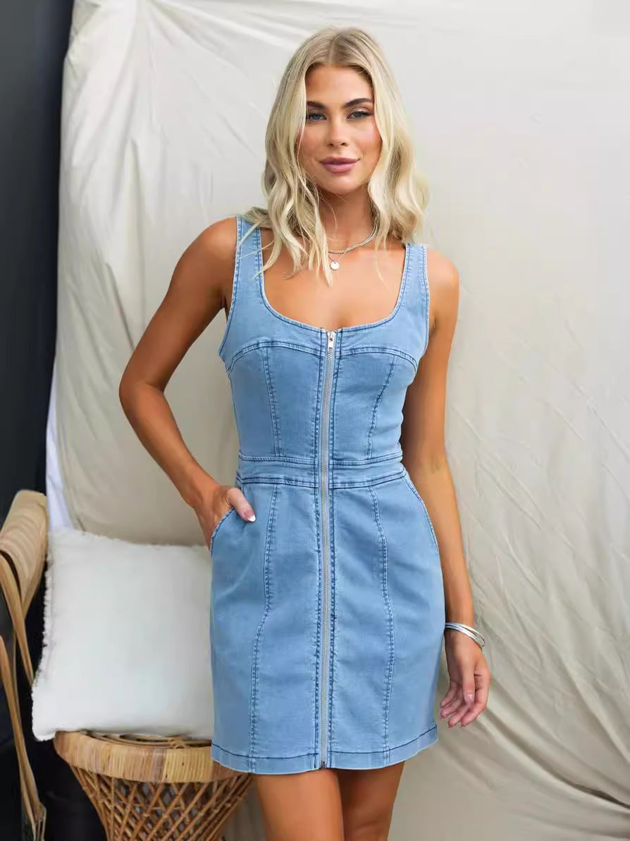 Midi-kjole til kvinder uden ærmer med knapper foran – denimstil