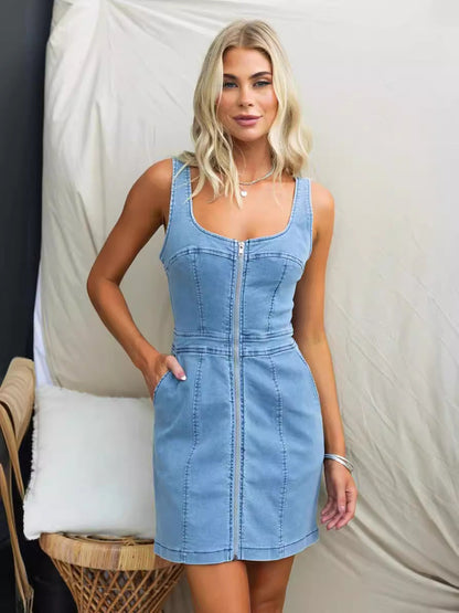 Midi-kjole til kvinder uden ærmer med knapper foran – denimstil