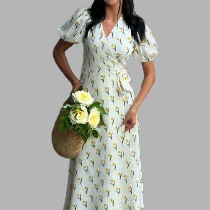 Vestido midi floral para mujer con escote en V y cintura alta – Vestido de verano elegante