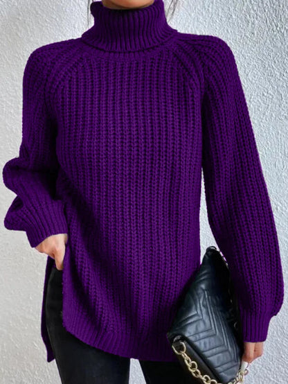 Maglione Donna con Collo Alto, Maniche Raglan e Spacco Laterale – Stile Versatile