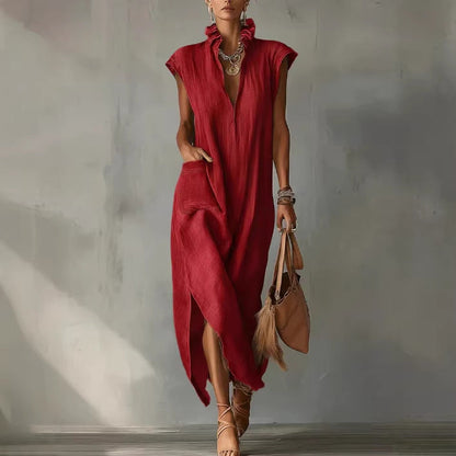 Women's Sleeveless Shirt Dress in Cotton and Linen – Loose Fit, Solid Color, Mid Length