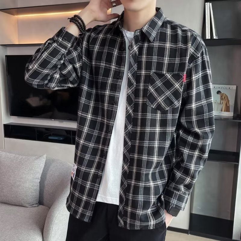 Camisa de Hombre Primaveral de Manga Larga con Motivo Escocés y Corte Slim