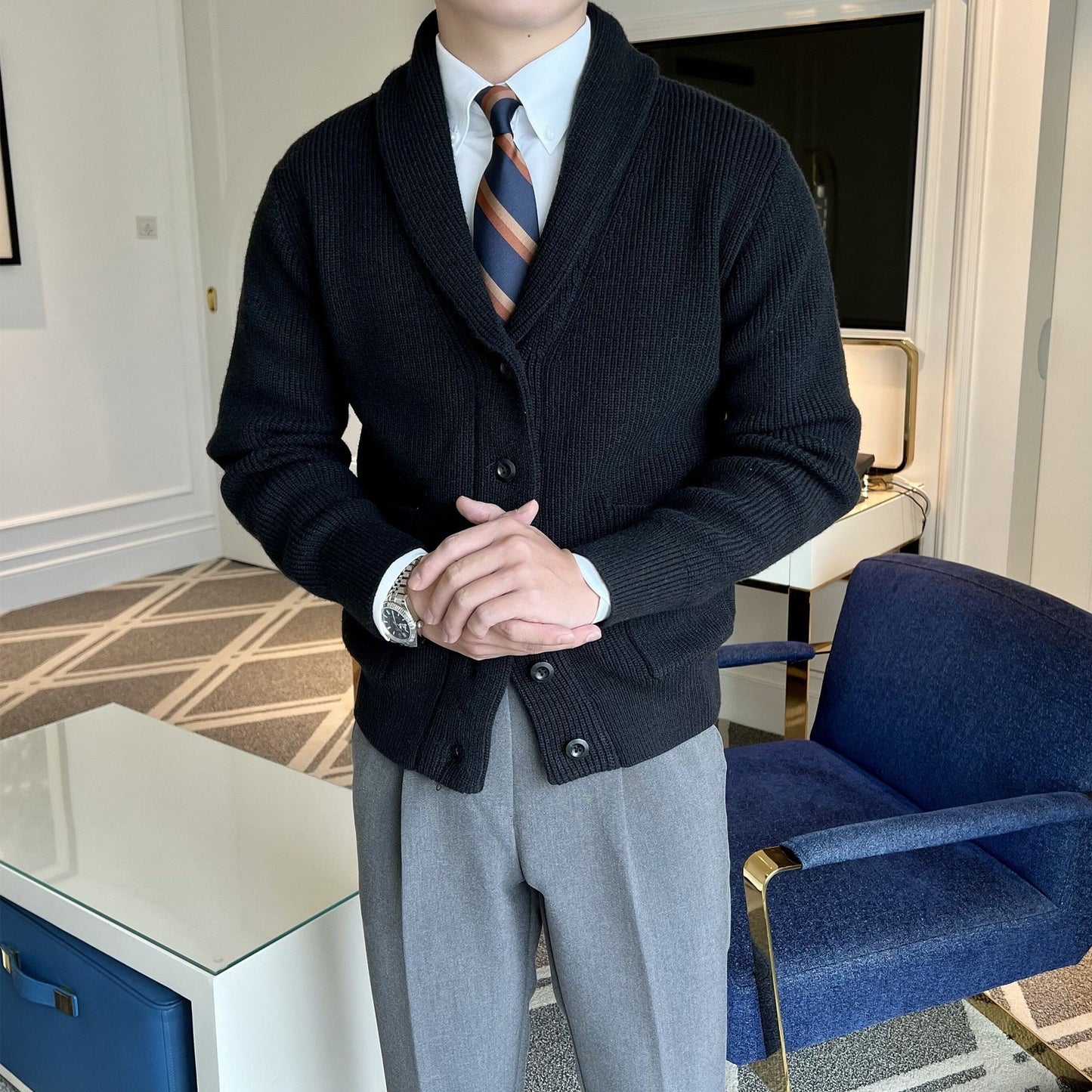 Men's Winter Cardigan with V-Neck and Slim Fit