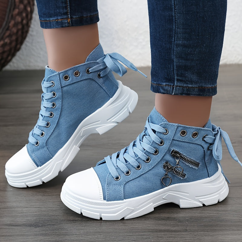 Women's Sneakers with Platform, Raised Sole, Front Lacing, and Side Zip