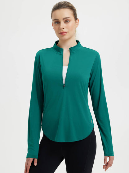Damebluse med lange ærmer, afrundet kant, tommelhuller