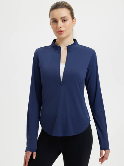 Damebluse med lange ærmer, afrundet kant, tommelhuller